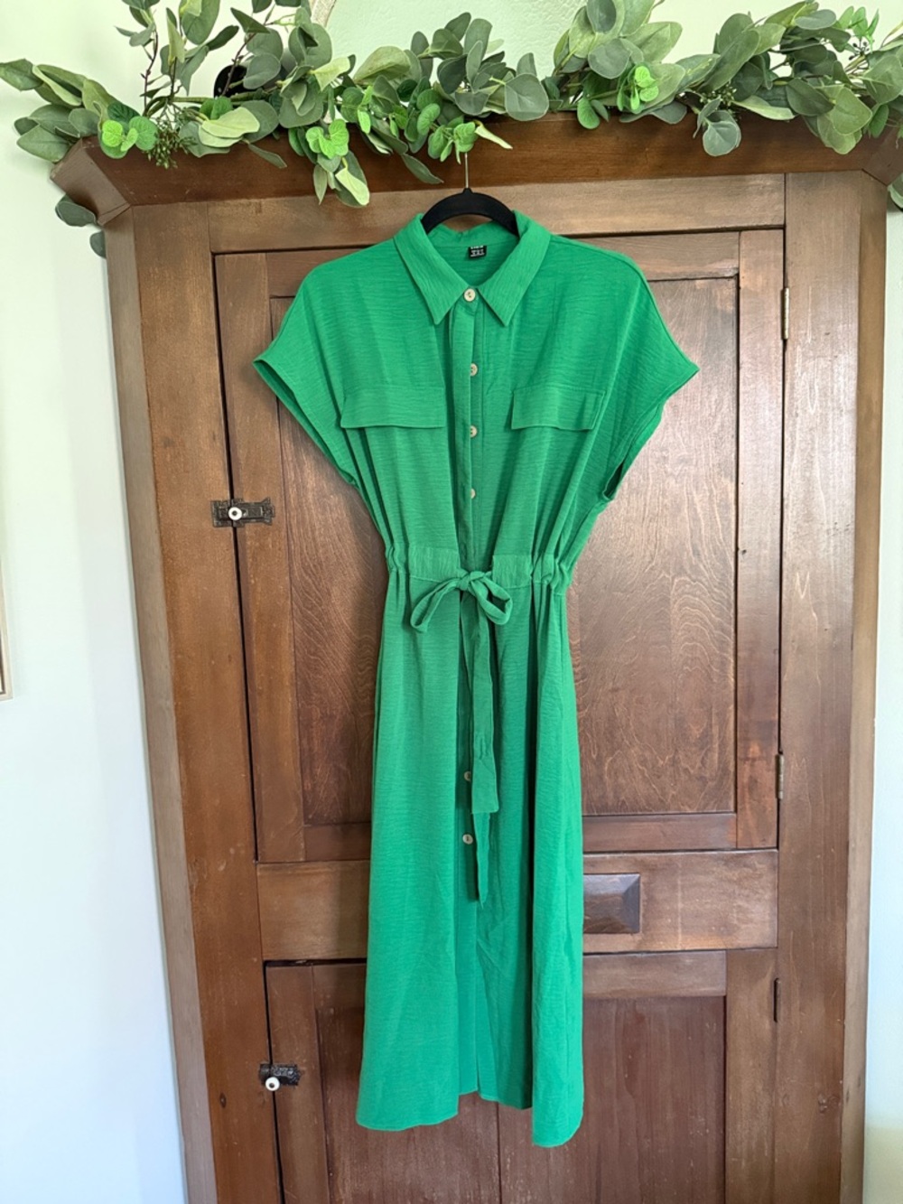 Green Button-Front Shirt Dress with Tie Waist